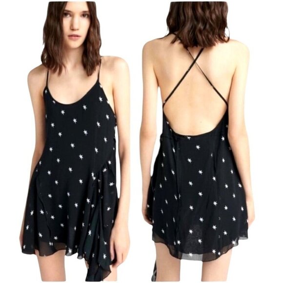 Re/Done Dress Women Large Black Silk Star Print Criss Cross‎ Back The 80s Mini - Picture 1 of 12